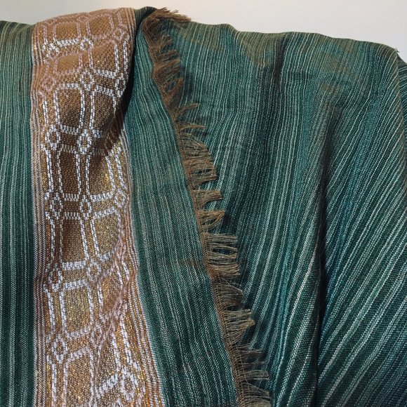 Tibetan Snow Lion Long Green, Gold and Silver Silk Shawl - Picture 5 of 10